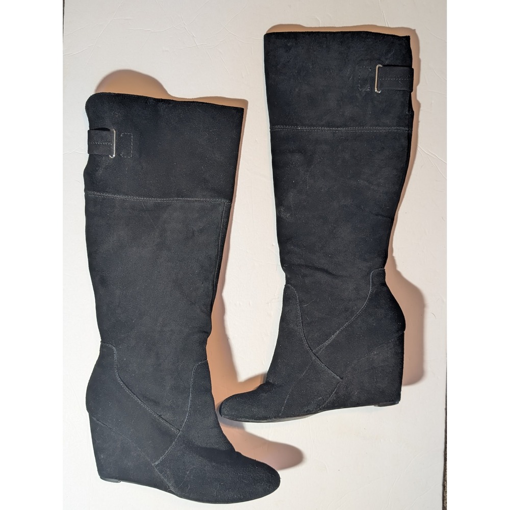 Nine West Olisha Minimalist Suede Wedge Tall Boots Black 8.5M